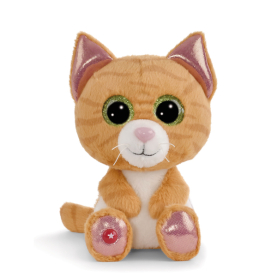 Plüsch-Katze mit getigertem Fell und großen Glubschaugen, 15cm groß.