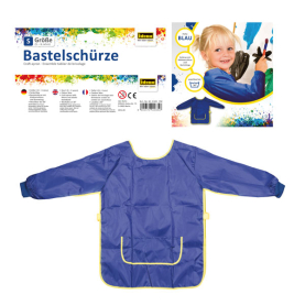 Blaue Bastelschürze für Kinder im Alter von 5-6 Jahren mit praktischen Taschen und verstellbarem Nackenband.