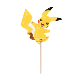 Gelber Folienballon in Form eines Pikachu, luftgefüllt und am Papierstab befestigt.