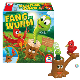 Buntes Kinderspiel Fang den Wurm mit lustigem Wurm-Motiv und bunten Farben.