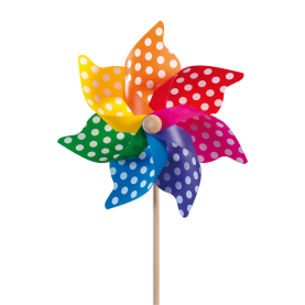 Bunte Windmühle mit Punktmuster, 45 cm Durchmesser und 110 cm Höhe auf Holzstab.
