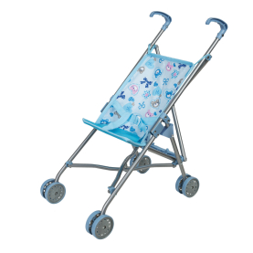 Blauer Puppenbuggy mit zusammenklappbarer Funktion, einer Schiebehöhe von 55cm und einem Aufbaumass von 26,5x55x41cm.