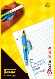 Liniertes A4-Schulblock mit 50 Blatt aus FSC-Mix Papier in Blau.