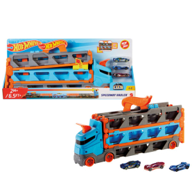 Rotes Hot Wheels 2-in-1 Rennbahn Transporter mit integrierter Rennstrecke und Platz für bis zu 14 Fahrzeuge.