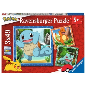 Drei 49-teilige Ravensburger Puzzles mit Pokémon-Motiven für Kinder ab 5 Jahren.