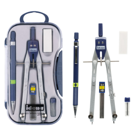 Fünfteiliges Zirkel-Set in blau mit verschiedenen Aufsätzen und Verlängerungsstange.
