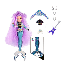 Blaue Puppe aus der Mermaidz Serie mit lila Haaren und Meerjungfrauen-Outfit.