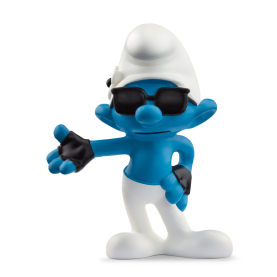 Pinkfarbene Schleich Die Schlümpfe Figur Vanity mit Spiegel und blauer Haarschleife im Haar.