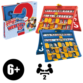 Brettspiel Wer ist es? mit bunten Ratekarten und lustigen Gesichtern zum Erraten der geheimen Person.