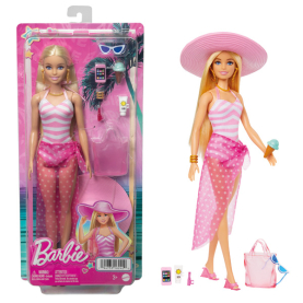 Barbie Strandtag Puppe in buntem Badeanzug und Sonnenhut, mit Accessoires wie Sonnenbrille und Strandtasche.