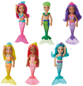Barbie Chelsea Meerjungfrau Puppe mit blauem Schwanz und pinkem Haar, perfekt für fantasievolles Spiel.