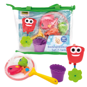 Buntes 7-teiliges Badespielzeug-Set für Kinder mit verschiedenen Tieren und Formen.