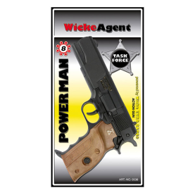 Spielzeugpistole Powerman Revolver mit 8 Schuss - realistischer Spielzeugrevolver in Schwarz mit klappbarem Lauf und herausnehmbaren Patronen.