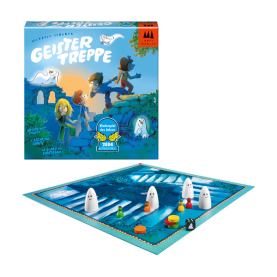 Brettspiel Geistertreppe mit auffälliger Hintergrundgrafik und lustigen Spielcharakteren.