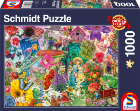 Puzzle Happy Gardening mit 1000 Teilen, bunt bedruckt mit Gartenmotiven.