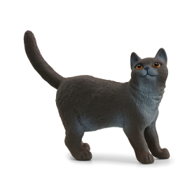 Graue Katzenfigur aus Kunststoff mit realistischem Design und detaillierter Fellstruktur.