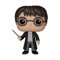 Harry Potter Funko Pop Figur mit Zauberstab und Gryffindor Umhang.
