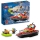 Rotes LEGO City Feuerwehrboot mit beweglichen Rettungsbooten und Helikopter-Landeplatz.