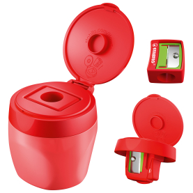 Rot-weißer Dosenanspitzer aus Kunststoff mit drei Funktionen und ergonomischem Design.