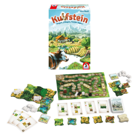 Brettspiel Kuhfstein mit bunten Spielfiguren und detailreicher Spielbrettgestaltung.