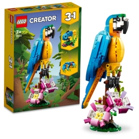 Buntes LEGO Creator Set mit exotischem Papagei zum Bauen und Spielen.