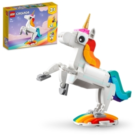 LEGO Creator Magisches Einhorn Bausteine-Set mit glitzerndem Horn und bunter Mähne.