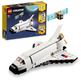 Blaues LEGO Creator Spaceshuttle Spielzeug-Set, bestehend aus Raumschiff, Astronautenfigur und Raketenantrieb.