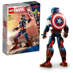 Captain America Lego Figur aus der Marvel Super Heroes Serie mit detailreicher Gestaltung und beweglichen Armen.
