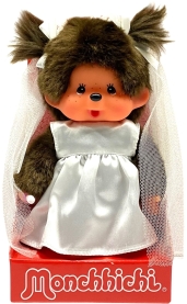 Kleine Monchhichi Braut, 20cm groß, mit weißem Kleid, Schleier und Blumenstrauß.