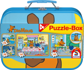 Puzzlebox Die Maus im Metallkoffer mit bunten Motiven und 100 Teilen.