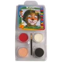 Buntes Schminkset mit vier Farben und Pinsel in Katzenform.