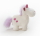Flauschiges Einhorn Kuscheltier Theodor in stehender Position mit Regenbogen-Mähne und glitzerndem Horn.