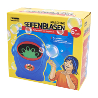 Blaue Seifenblasenmaschine mit 118ml Fassungsvermögen und einfachem Bedienungsknopf.