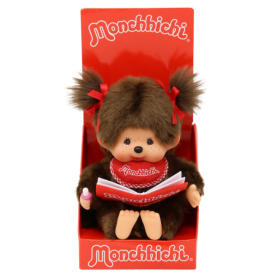 Braunes Monchhichi-Mädchen (20 cm) mit süßem Fotoalbum in der Hand.