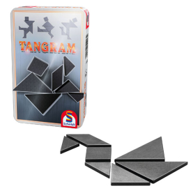 Metallische Tangram-Puzzledose in verschiedenen Farben.