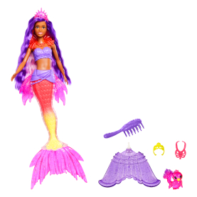 Barbie Meerjungfrau Puppe in blauem Bikini mit glitzerndem Fischschwanz und pinkem Haar.