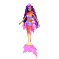 Barbie Meerjungfrau Puppe in blauem Bikini mit glitzerndem Fischschwanz und pinkem Haar.