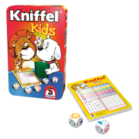 Blaue Metallbox mit Kniffel-Spiel für Kinder.