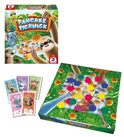 Blaues Picknickset mit Pfannkuchenbild, Besteck und Teller.