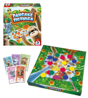 Blaues Picknickset mit Pfannkuchenbild, Besteck und Teller.
