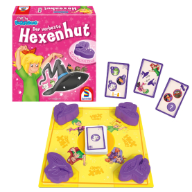 Hexenhut von Bibi Blocksberg in lila mit schwarzem Gürtel und goldener Schnalle.