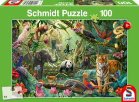 Buntes Puzzle mit Tiermotiven im Dschungel, 100 Teile.