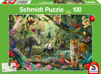 Buntes Puzzle mit Tiermotiven im Dschungel, 100 Teile.