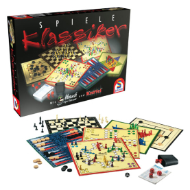 Klassische Spielesammlung mit Halma, Schach und weiteren Spielen in einer Box.