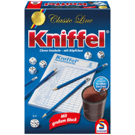Klassisches Kniffel Spiel mit Würfeln und Block, ideal für Spieler jeden Alters.