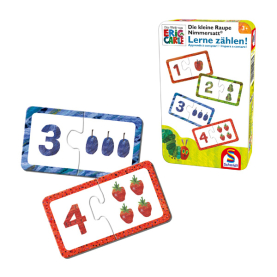 Puzzle Raupe Nimmersatt zum Zählen lernen mit bunten Früchten und Zahlen von 1 bis 10.