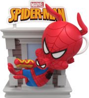Rote Spider-Man Überraschungsbox mit 8cm Höhe und Tower Serie Design.