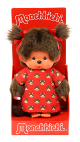 Kuscheliges Mädchen-Monchhichi mit pinkem Kleid, 20 cm groß.