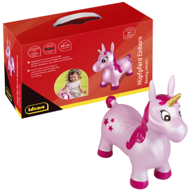 Rosa Hüpfpferd Einhorn aus Plüsch mit Sternenmuster und Griffen für kinderleichten Spaß.