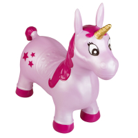 Rosa Hüpfpferd Einhorn aus Plüsch mit Sternenmuster und Griffen für kinderleichten Spaß.